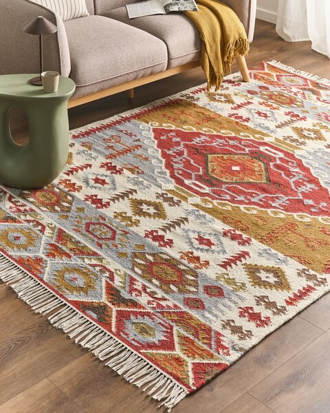 Kelímový koberec viacfarebný vlna bavlna 160 x 230 cm patchwork geometrický vzor so strapcami ručne tkaný boho štýl obývačka spálňa