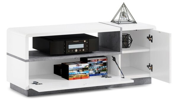 TV stolík FOLK - 120 cm, BIELY MAT / BIELY LESK / BETON