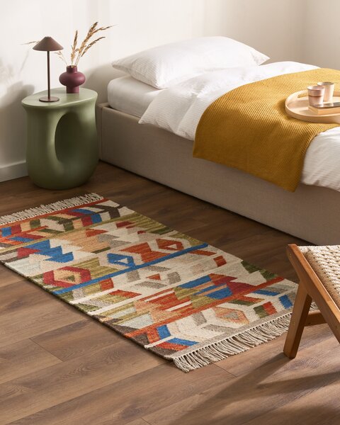 Kelímový koberec viacfarebný vlna a bavlna 80 x 150 cm ručne tkaný boho geometrický vzor so strapcami