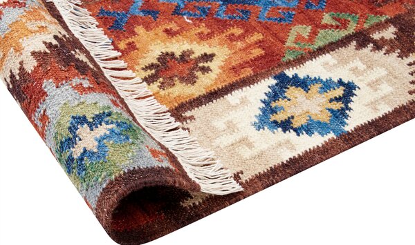 Kelímový koberec viacfarebný vlna 160 x 230 cm ručne tkaný orientálny vzor so strapcami tradičná obývačka spálňa