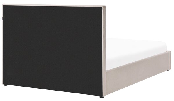 Posteľ s úložným priestorom béžová 160 x 200 cm látkové čalúnenie prešívané čelo zdvíhací rošt minimalistický dizajn