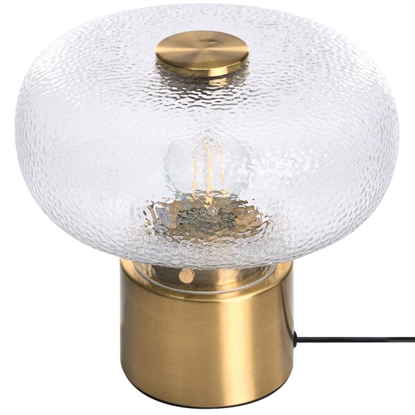 Stolná lampa mosadzná kovová základňa priehľadné tienidlo z textúrovaného skla moderný glamour štýl obývacia izba
