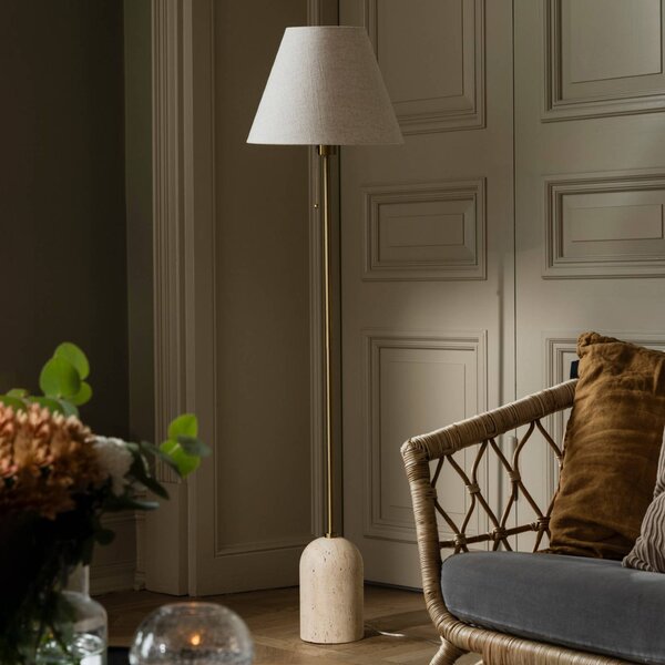 Globen Lighting Stojacia lampa Gino, podstavec travertín, béžová, 145 cm, Krémová / jantárovo žltá, Obývacia izba / jedáleň, Textil / látka / hodváb, Dizajn, Stojaca lampa