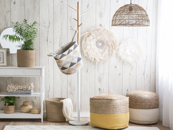 Puf taburetka žltá jutová s výplňou z polystyrénového granulátu štvorcový puf 44 x 44 cm boho štýl