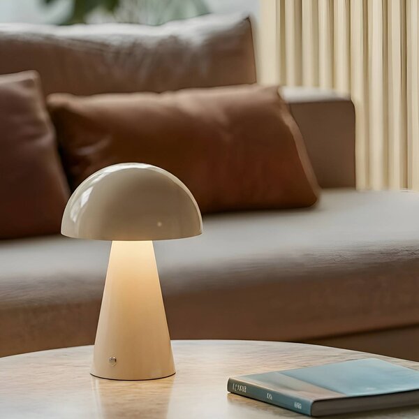 Lindby LED dobíjacia stolová lampa Nevijo, béžová, Ø20cm, USB, stmievač, Krémová / jantárovo žltá, Obývacia izba / jedáleň, kov, Moderný, Stojacie svietidlo