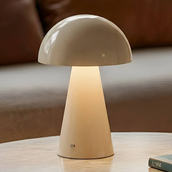 Lindby LED dobíjacia stolová lampa Nevijo, béžová, Ø20cm, USB, stmievač, Krémová / jantárovo žltá, Obývacia izba / jedáleň, kov, Moderný, Stojacie svietidlo