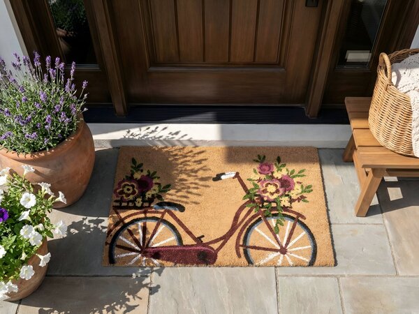 Rohožka prírodné kokosové vlákno 50 x 80 cm protišmyková spodná strana PVC rohož s motívom bicykla