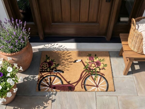 Rohožka prírodné kokosové vlákno 45 x 75 cm protišmyková spodná strana PVC rohož s motívom bicykla