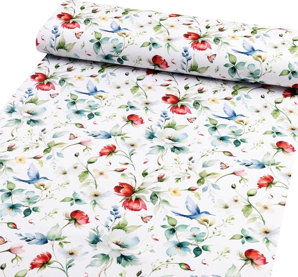 Biante Teflónový behúň na stôl TF-116 Akvarelové kvety s kolibríkmi na bielom 20x120 cm