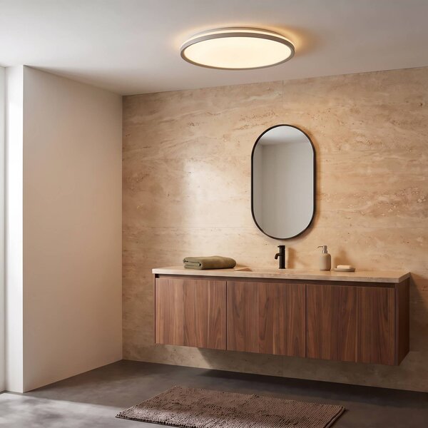 Lindby Stropné LED svetlo Edmund, strieborné, Ø 39 cm, IP44, Hliník / sivá / zinok, Kúpeľňa, Plast, Moderný, Závesné svietidlo