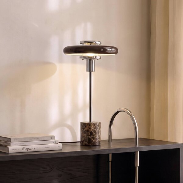 Lindby Stolová lampa Branford, retro, hnedá, sklo/mramor, Hnedá / hrdzavá, Obývacia izba / jedáleň, Sklo, Vintage, Stojacie svietidlo