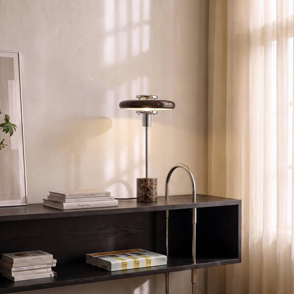 Lindby Stolová lampa Branford, retro, hnedá, sklo/mramor, Hnedá / hrdzavá, Obývacia izba / jedáleň, Sklo, Vintage, Stojacie svietidlo