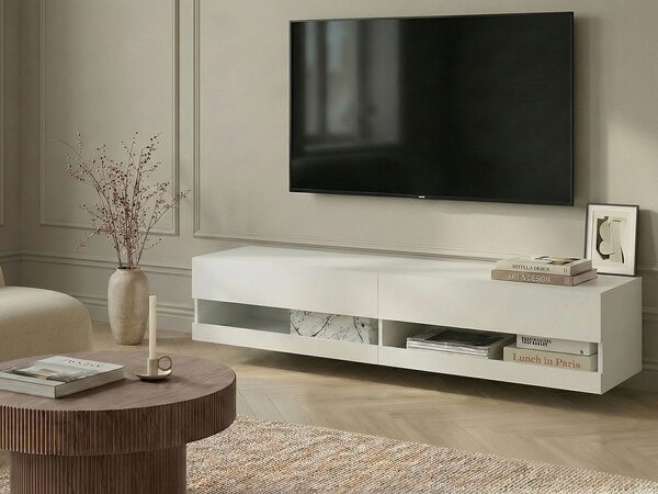 TV stolík s 2 zásuvkami biely MDF moderná skrinka pod televízor s LED otvor na káble obývacia izba