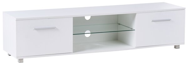 TV stolík biely MDF kovové nohy moderná skrinka pod televízor s LED otvor na káble obývacia izba