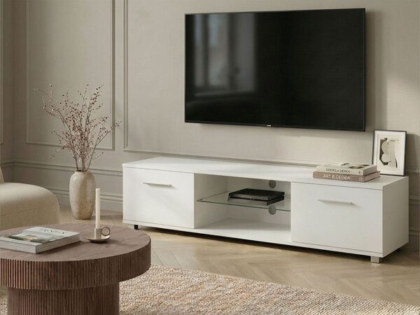 TV stolík biely MDF kovové nohy moderná skrinka pod televízor s LED otvor na káble obývacia izba