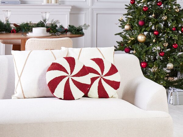 Sada 2 dekoratívnych vankúšov červená biela polyester geometrický pásikavý vzor 40 cm okrúhly tvar dekorácie doplnky