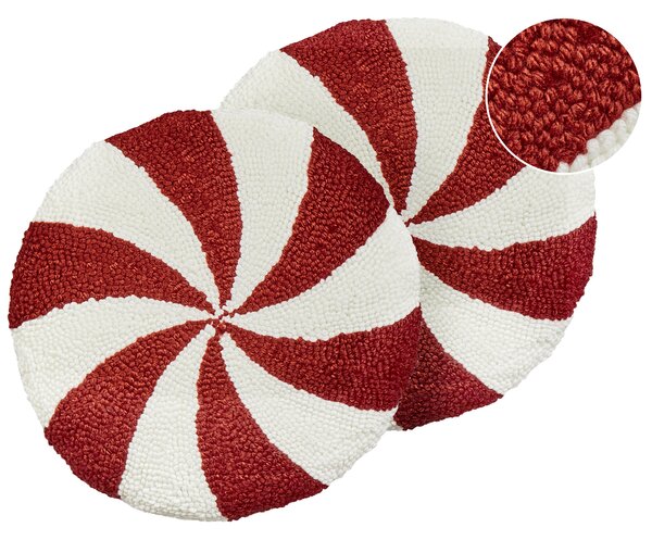 Sada 2 dekoratívnych vankúšov červená biela polyester geometrický pásikavý vzor 40 cm okrúhly tvar dekorácie doplnky