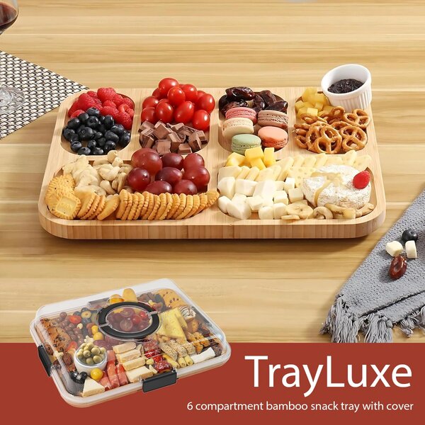 Trayluxe™ Bambusový Snackový Podnos S 6 Priehradkami A Viečkom