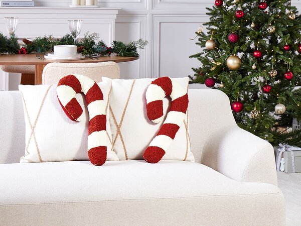 Sada 2 dekoratívnych vankúšov červená biela polyester nepravidelný tvar pásikavý vzor vianočná lízanka 25 x 55 cm dekorácie doplnky