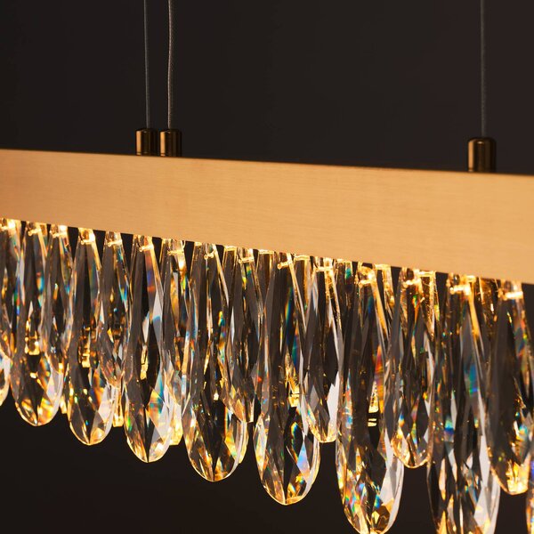 LED závesné svietidlo Celestia, dĺžka 110 cm mosadzné kryštály, Mosadz / zlato, Obývacia izba / jedáleň, kov, Závesné svietidlo