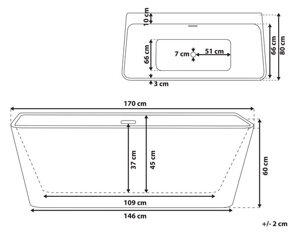 Vaňa biela sanitárny akrylát 170 x 80 cm oválna pre jednu osobu minimalistický dizajn