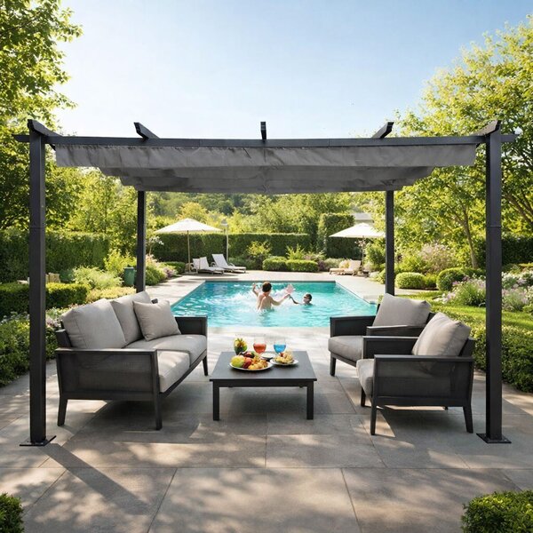 Terasová záhradná pergola 3x4 m oceľový altánok s prístreškom sivá MultiGarden
