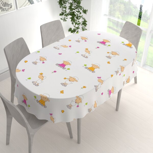 Biante Detský bavlnený oválny obrus Sandra SA-728 Veselé ovečky na bielom 50x100 cm