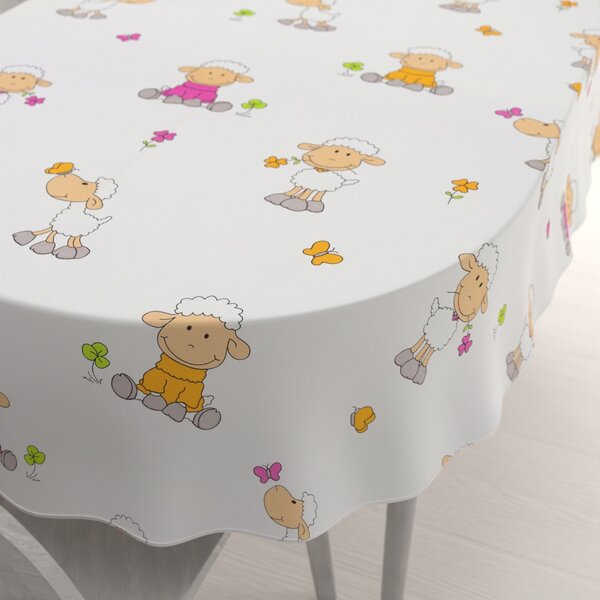 Biante Detský bavlnený oválny obrus Sandra SA-728 Veselé ovečky na bielom 50x100 cm