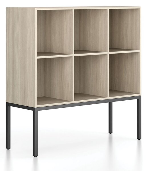 Regál FRAME, nízky, s čiernou podnožou, 1299 x 450 x 1331 mm, dub prírodný