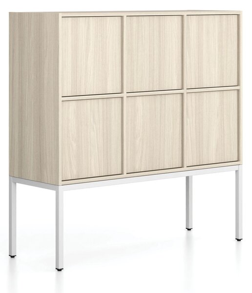 Kancelárska skriňa FRAME, nízka, biela podnož, 6x dvere, 1299 x 450 x 1331 mm, PUSH-lock, dub prírodný