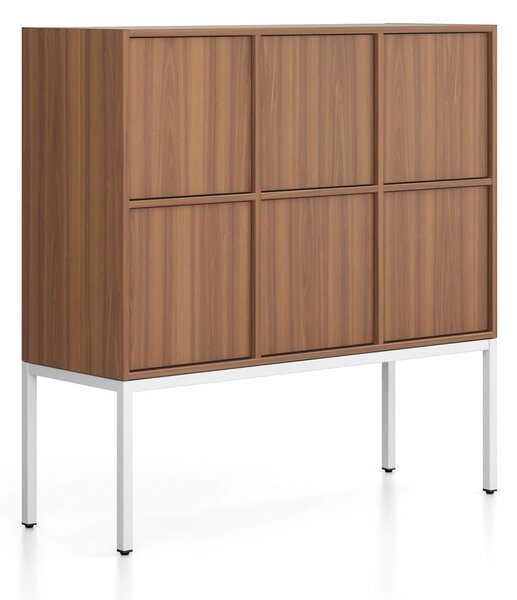 Kancelárska skriňa FRAME, nízka, biela podnož, 6x dvere, 1299 x 450 x 1331 mm, PUSH-lock, orech