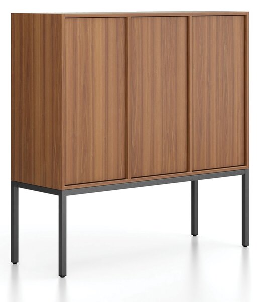 Kancelárska skriňa FRAME, nízka, čierna podnož, 3x dvere, 1299 x 450 x 1331 mm, PUSH-lock, orech