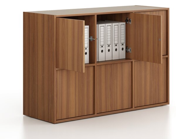 Kancelárska skriňa FRAME, nízka, 6x dvere, 1299 x 450 x 881 mm, PUSH-lock, orech
