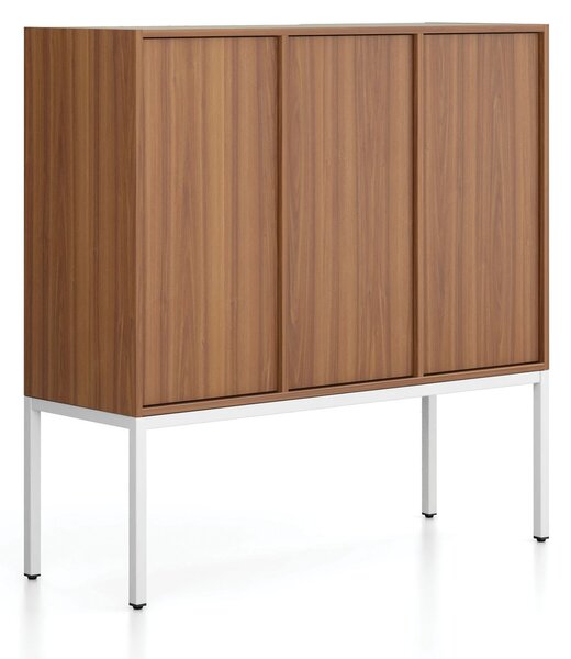 Kancelárska skriňa FRAME, nízka, biela podnož, 3x dvere, 1299 x 450 x 1331 mm, PUSH-lock, orech