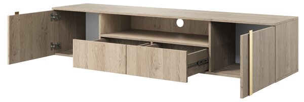 Závesný TV stolík Verica s otvorenou policou 200 cm - dub piškótový / zlaté úchytky