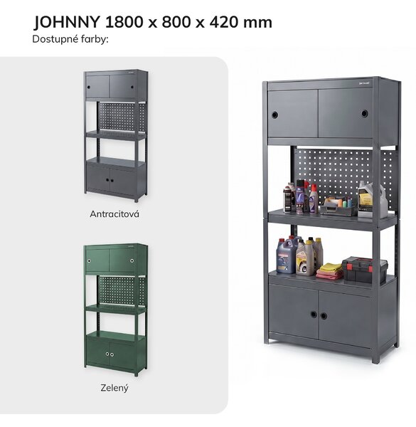 Kovový regál so skrinkami antracitový: JOHNNY, 1800 x 800 x 420 mm