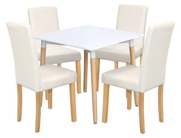 Jedálenský stôl UNO 80x80 biely + 4 stoličky PRIMA biela/svetlé nohy