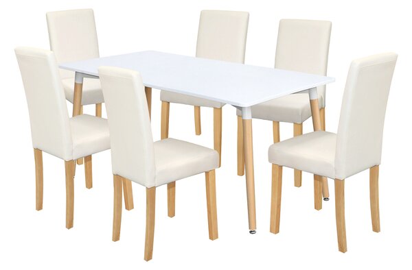 Jedálenský stôl UNO 160x90 biely + 6 stoličiek PRIMA biela/svetlé nohy