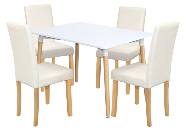 Jedálenský stôl UNO 120x80 biely + 4 stoličky PRIMA biela/svetlé nohy