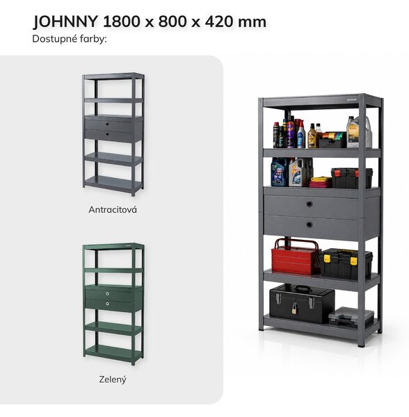 Kovový regál so zásuvkami antracitový: JOHNNY, 1800 x 800 x 420 mm