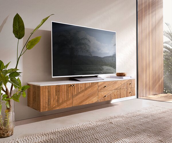 DELIFE TV stolík Bahan 175 cm mango teak 2 dvierka 2 zásuvky mramorová doska biela závesný
