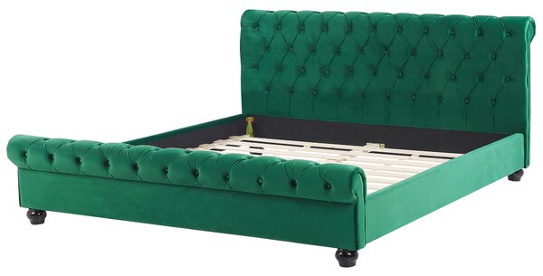Posteľ zelená zamatová čalúnená 180 x 200 cm čierne drevené nohy glamour štýl spálňa