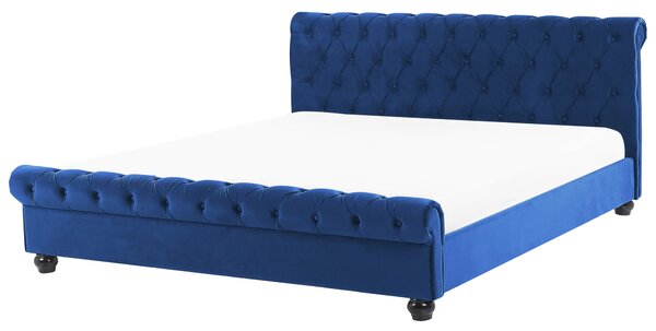 Posteľ modrá zamatová čalúnená 180 x 200 cm čierne drevené nohy glamour štýl spálňa