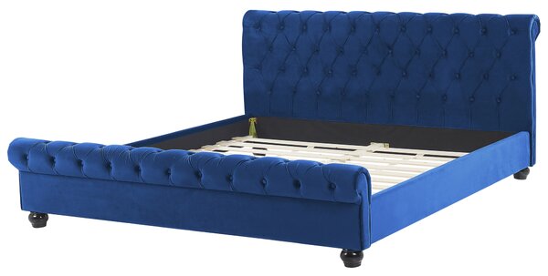 Posteľ modrá zamatová čalúnená 180 x 200 cm čierne drevené nohy glamour štýl spálňa