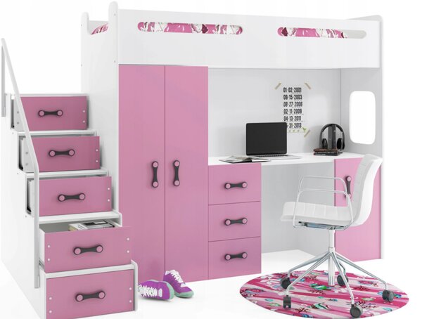 Interbeds MAX 4 poschodová posteľ 285x180 komplet + matrac + písací stôl + šatník ružovo-biela