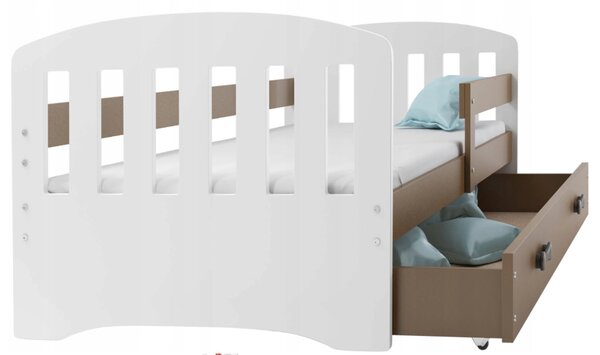 Interbeds HAPPY Jednolôžková detská posteľ 163x84 bielo-hnedá + matrac + zásuvka