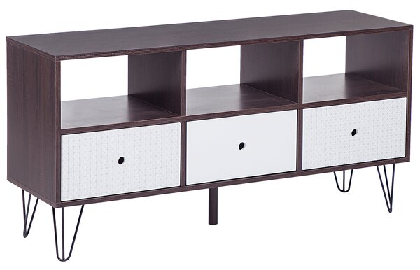 TV stolík tmavé drevo biela 120 x 35 cm na nožičkách úložný priestor 3 police 3 zásuvky moderný retro štýl obývačka spálňa