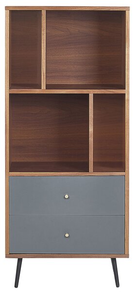 Knižnica tmavý orech sivá MDF 139 x 60 x 40 cm kovové nohy úložný priestor so zásuvkami regál polica na knihy moderný štýl obývačka