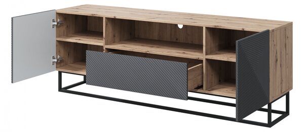TV stolík Asha 167 cm so zásuvkou a kovovou podnožou - artisan / rivier stone mat