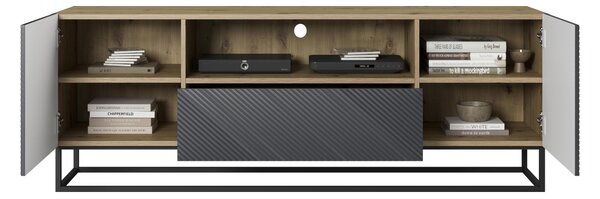 TV stolík Asha 167 cm so zásuvkou a kovovou podnožou - artisan / rivier stone mat